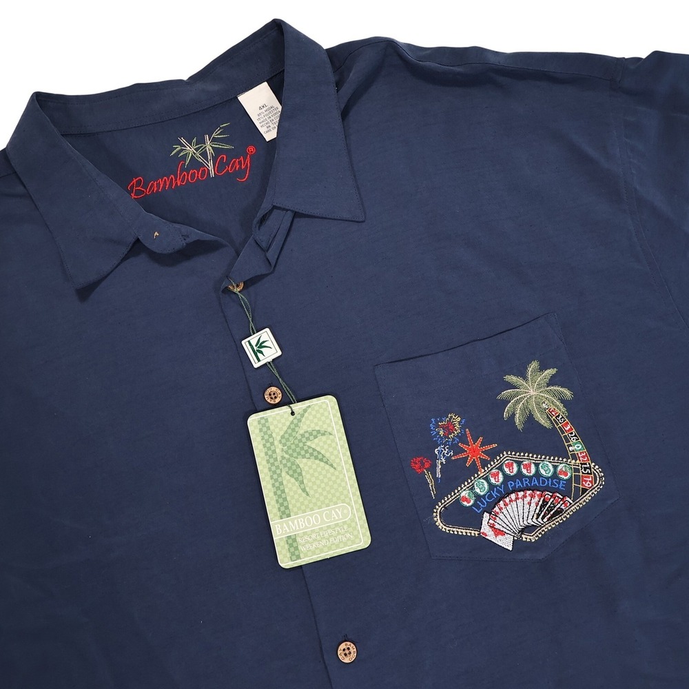 NWT BAMBOO CAY Men's 4XL Navy Blue Lucky Paradise Casino Embroidered Camp Shirt